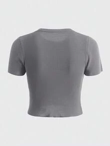 Camiseta corta de punto de costilla de unicolor y versátil informal - Gris - Ver 2