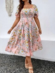 Breezaya Plus Size Boho Floral Printed Square Neckline Dress, For Summer - Pink - View 6