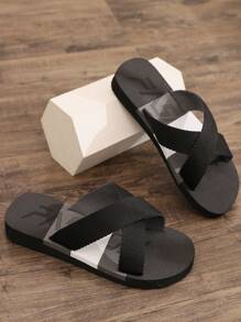Chaussons D'été Pour Homme Avec Sangle Croisée Sur Le Pied, Noir Et Couleur Bloc, Bride En Tissu, Bout Ouvert, Décontracté, Plage, Extérieur