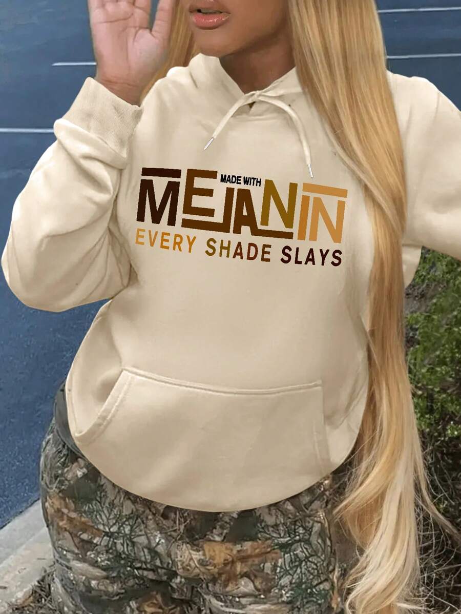 INAWLY Plus Size Women'S Hooded Sweatshirt With Letter Print - Apricot - View 1