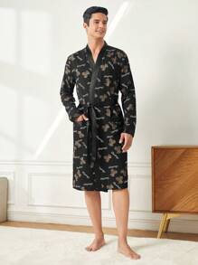 Men'S Cartoon Printing Belted Robe With Front Pocket - Black - View 1