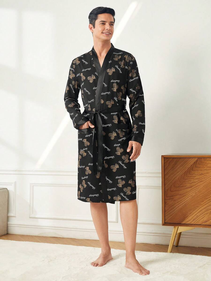 Men'S Cartoon Printing Belted Robe With Front Pocket - Black - View 1