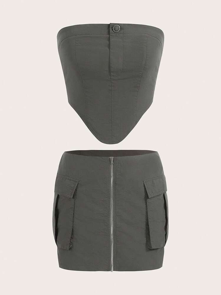 Women's Bodycon Strapless Top With Curved Hem & Utility Pocket Skirt Set, Ideal For Spring/Summer Outfit
