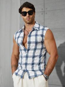 Men's Summer Sleeveless Plaid Print Button-Up Shirt - Blue - View 5
