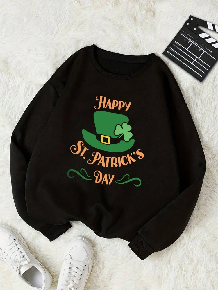 Plus Size Hat & Slogan Print Round Neck Sweatshirt Pullover Fall