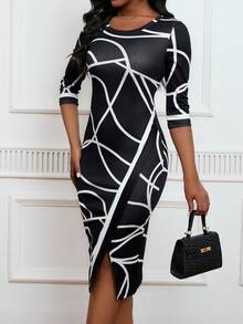 SHEIN Lady Women's All Over Print Round Neck Split Bodycon Dress - Black - View 3