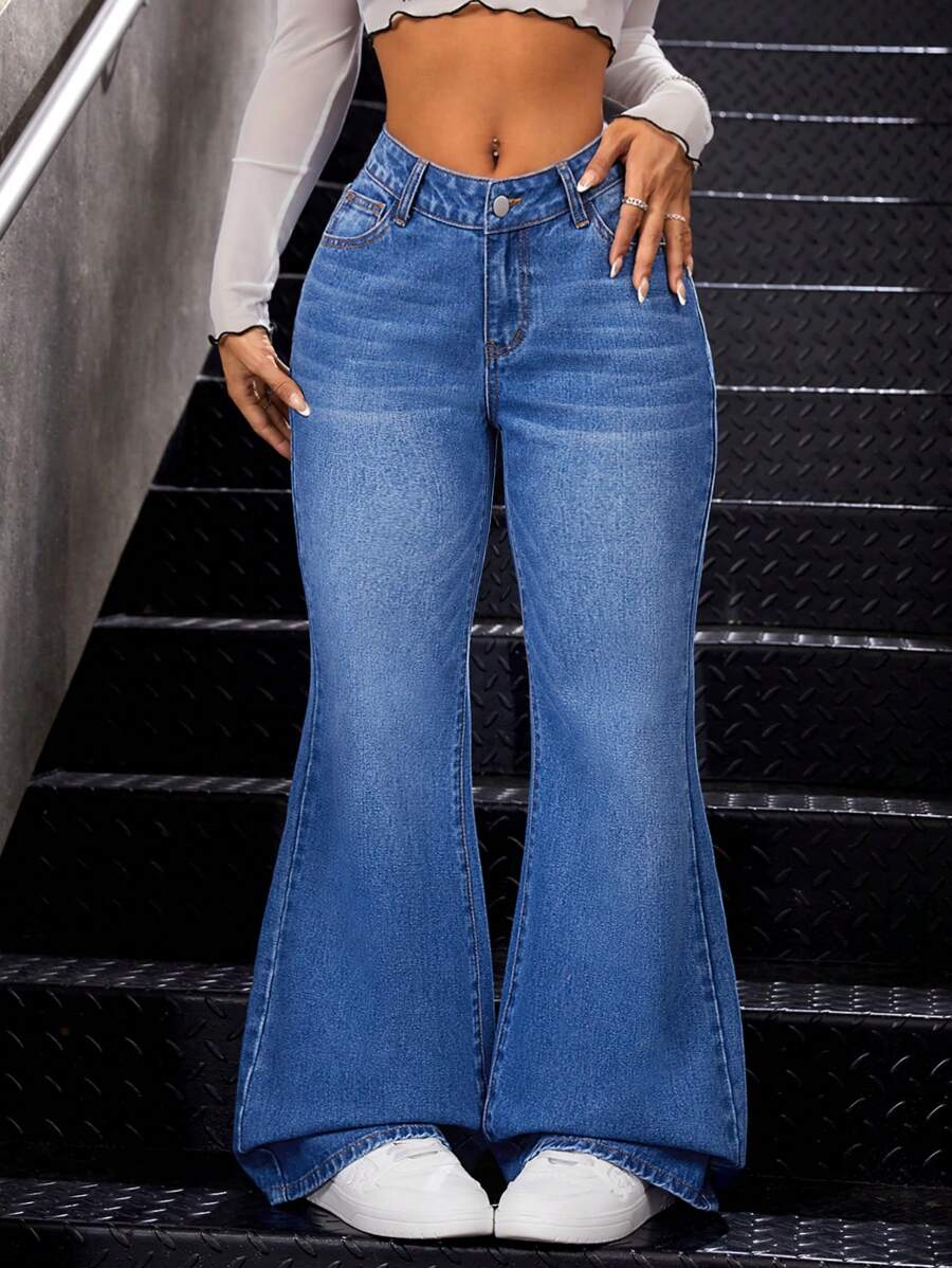 SHEIN ICON 女士喇叭牛仔褲 - 藍色 - 查看 1