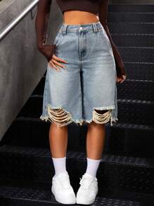 SHEIN ICON Shorts De Mezclilla Rasgados Y Holgados Para Mujer - Azul - Ver 3