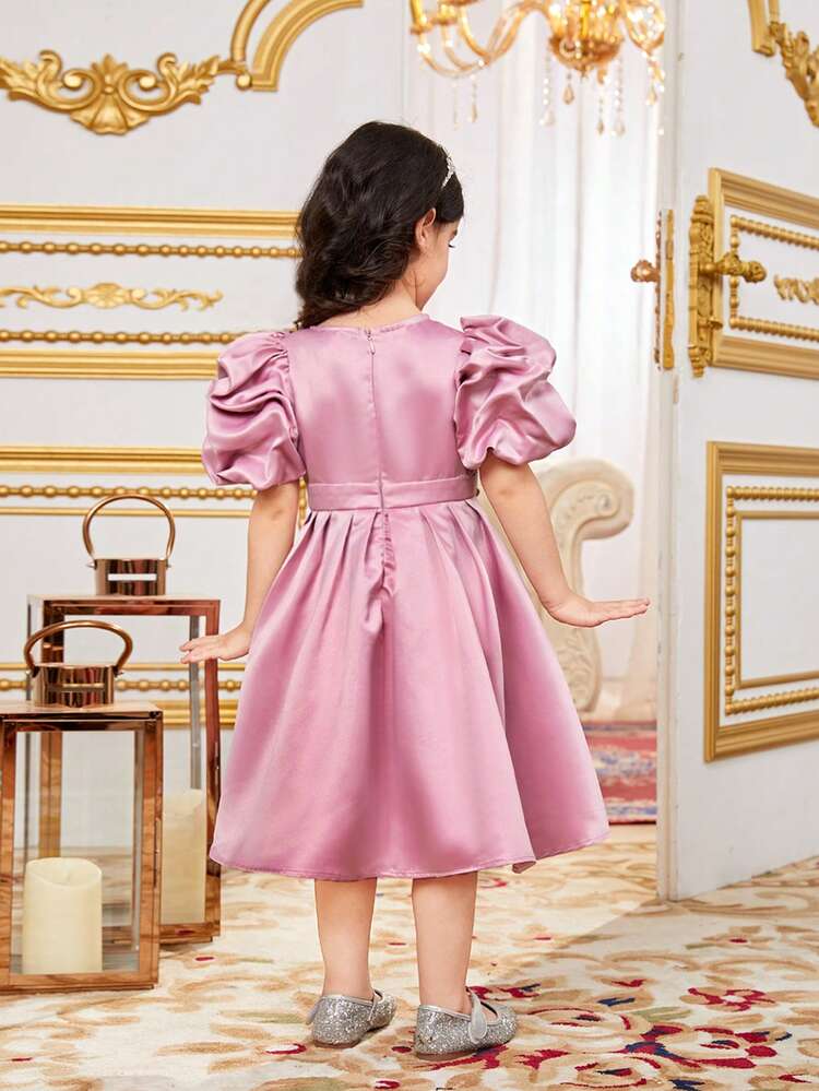 Young Girls' Rhinestone Decorated Round Neck Puff Sleeve Pleated Dress