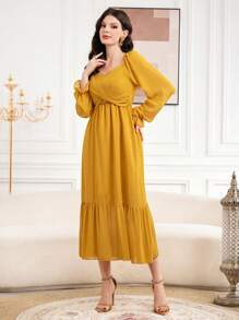 Seusyu Ladies' Cross Front Design Ruffle Sleeves Dress - Yellow - View 4