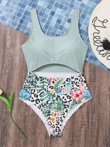SHEIN 青少年女孩花卉與豹紋印花中空拼接休閒連體泳衣 - 綠色 - 查看 5