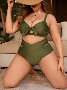 SHEIN Swim Summer Beach Women's Plus Size Plain Front Tie Hollow Out Bikini Set - Army Green - View 4