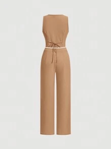 SHEIN MOD Ladies' Single-Breasted Vest And Trousers Set Khaki Color