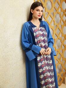 Al Najma Color Block Printed Splice Notched Neckline Dress Kaftan Jalabiya Dress - Blue - View 7