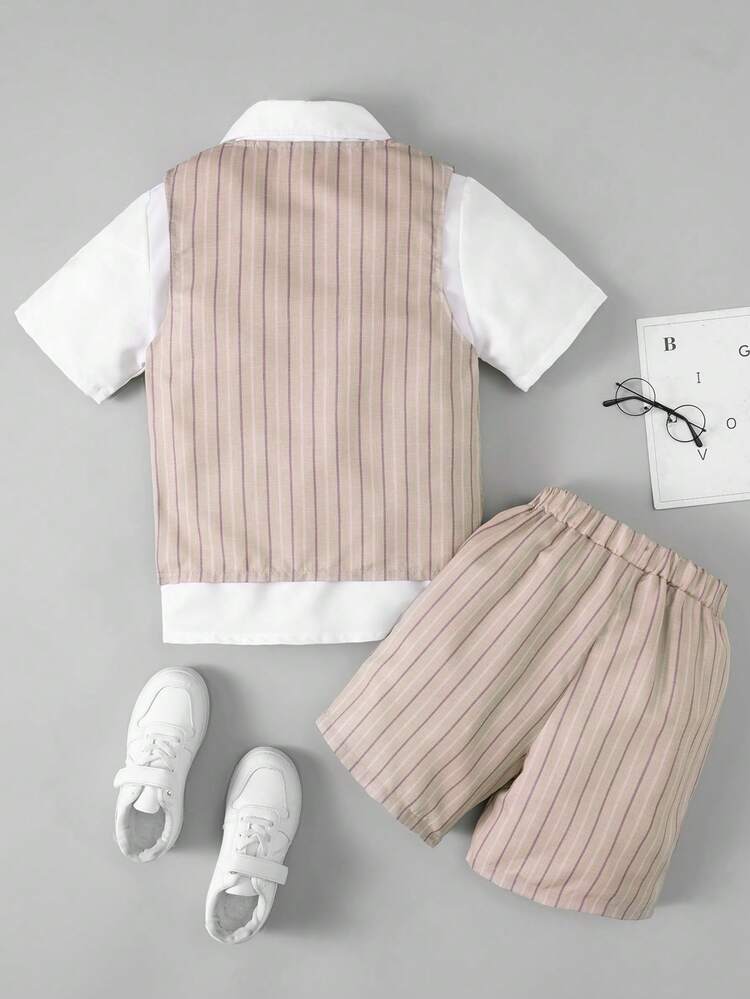 Tween Boy's Gentleman Three Piece Set, White Short-Sleeved Shirt With Bow Tie, Striped Single-Breasted Vest, Shorts - Perfect For Birthdays, Parties, Performances, Weddings And Festivals