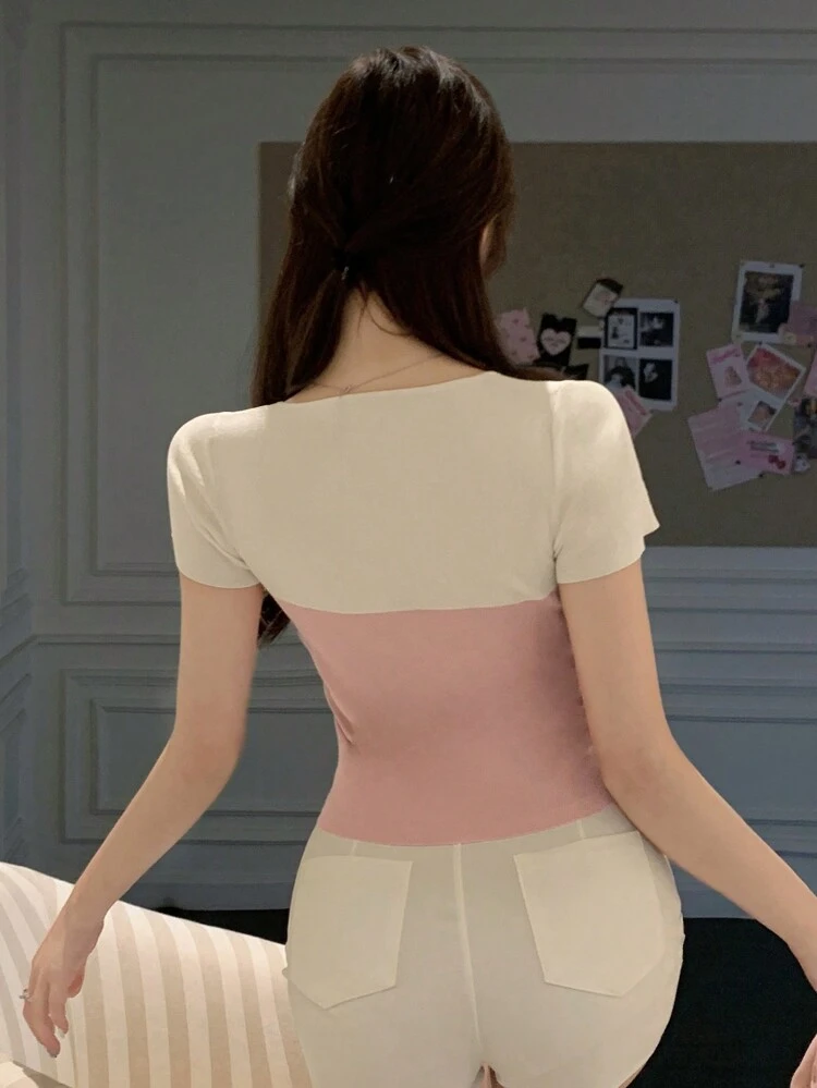 Short Sleeve, Colorblocked, Slim Fit, Knit Top For Women