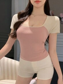 DAZY 女性短袖,色塊拼湊,修身針織上衣 - 橘色 - 查看 7