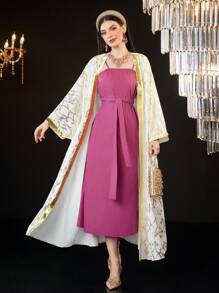 Al Najma Women's Belted Cami Dress And Long Sleeve Coat Set 2 Pieces Set - Multicolor - View 1