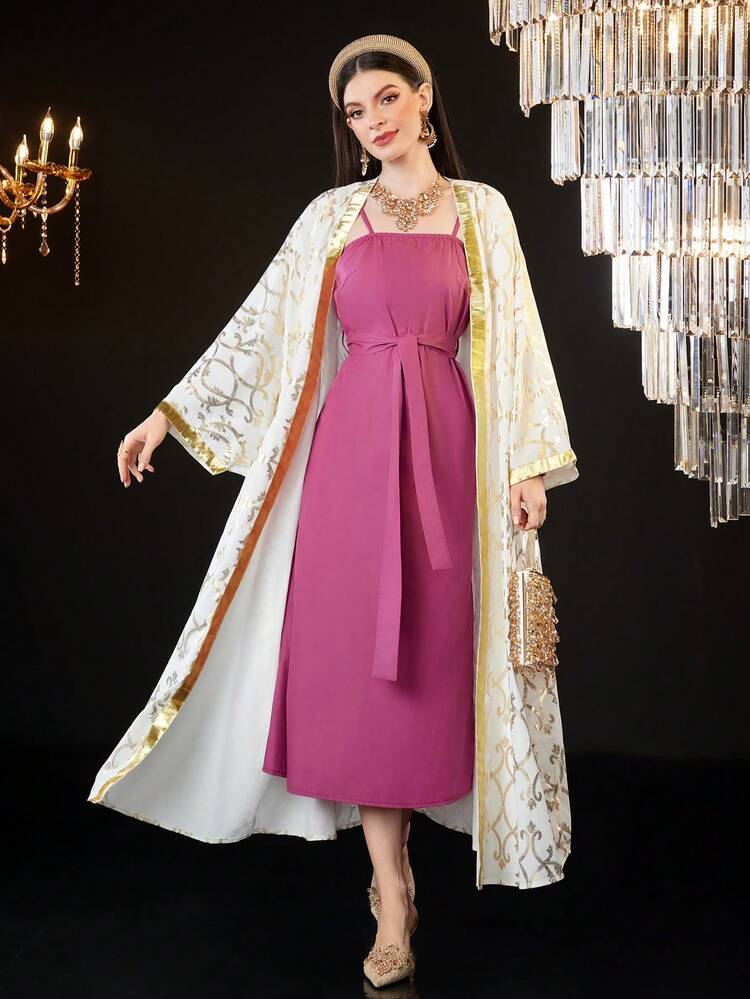 Women's Belted Cami Dress And Long Sleeve Coat Set 2 Piece Set