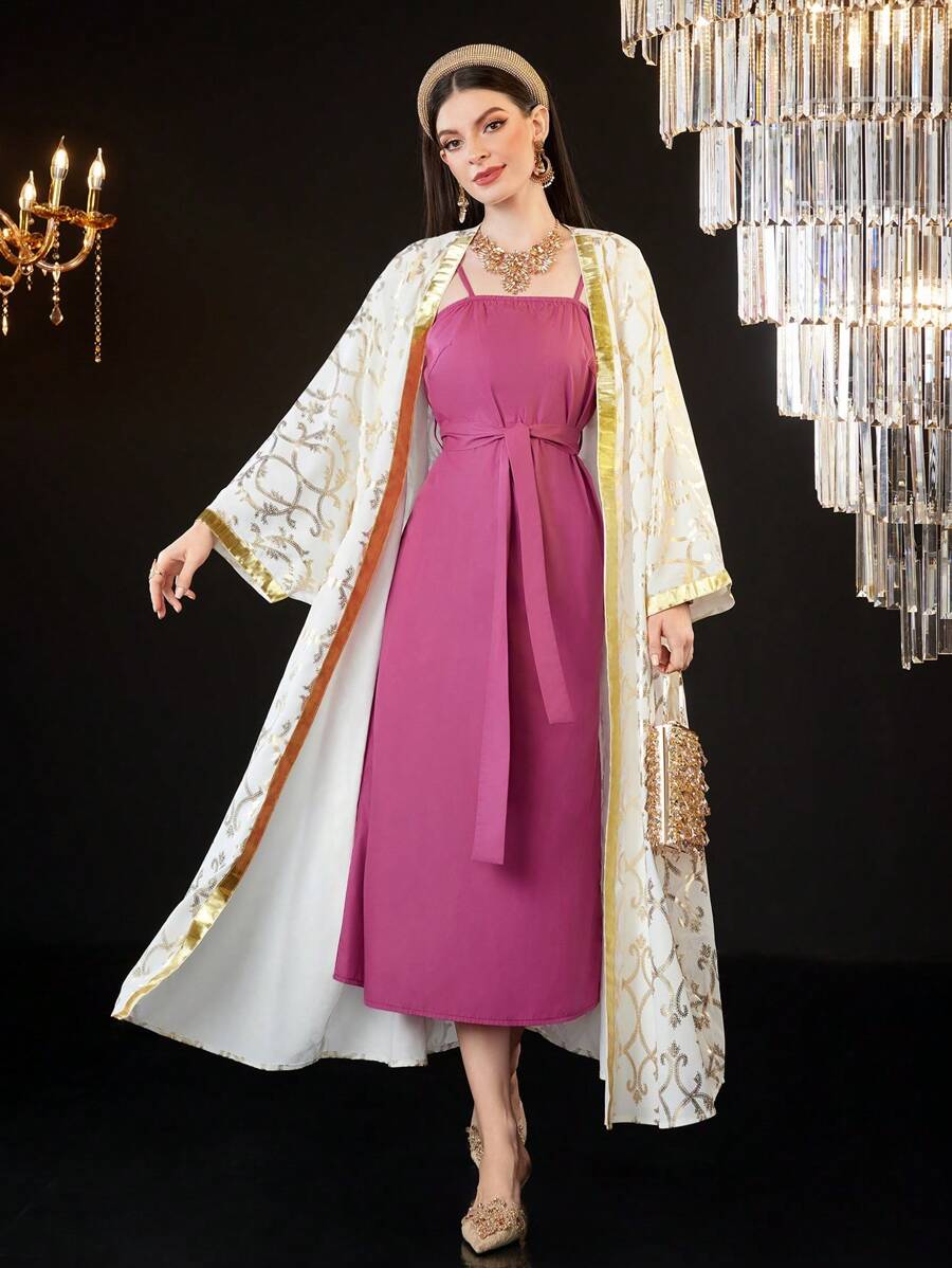 Al Najma Women's Belted Cami Dress And Long Sleeve Coat Set 2 Pieces Set - Multicolor - View 1