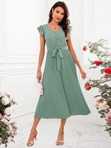 SHEIN Clasi Women'S Solid Color Short Flutter Sleeve Jumpsuit With Pleated Hem - Green - View 6