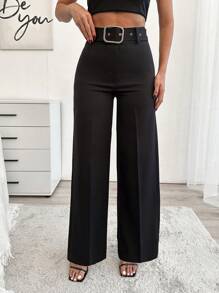 EURMUSE Plus Size Belt Detailed Elegant Solid Color Pant - Black - View 1