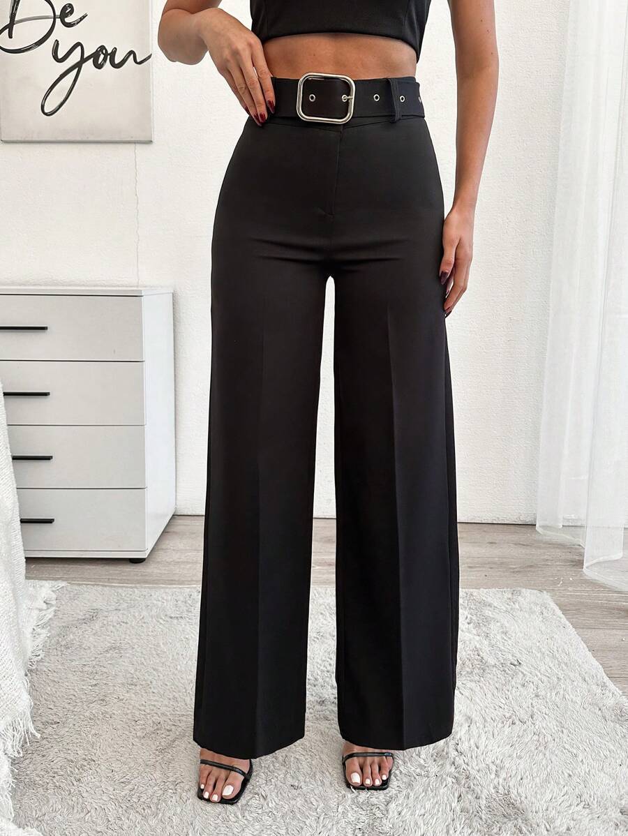 EURMUSE Plus Size Belt Detailed Elegant Solid Color Pant - Black - View 1