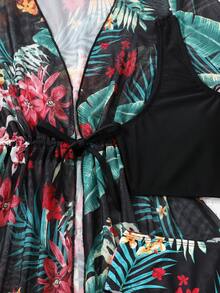 SHEIN Teen Girl Tropical Plant & Floral Print Bikini Set 3pcs/Set Summer Beach - Green - View 5