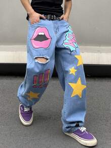 Manfinity Roghcode Men's Distressed Jeans With Lips, Stars, And Letter Print, Graphic Wide Jeans Long Baggy Royal Blue Cartoon Washed Cargo Jeans, For Husband, Boyfriend Gifts - Blue - View 5