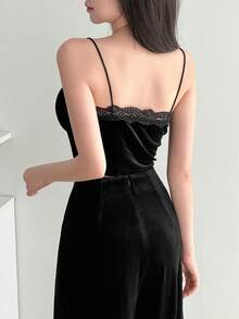 DAZY 女款拼接蕾絲背心褲寬褲套裝 - 黑色 - 查看 2