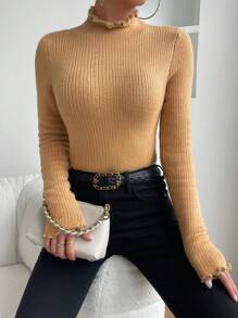 SHEIN Frenchy Áo len lót nhiệt cổ đứng cho nữ - Lạc đà - Xem 5