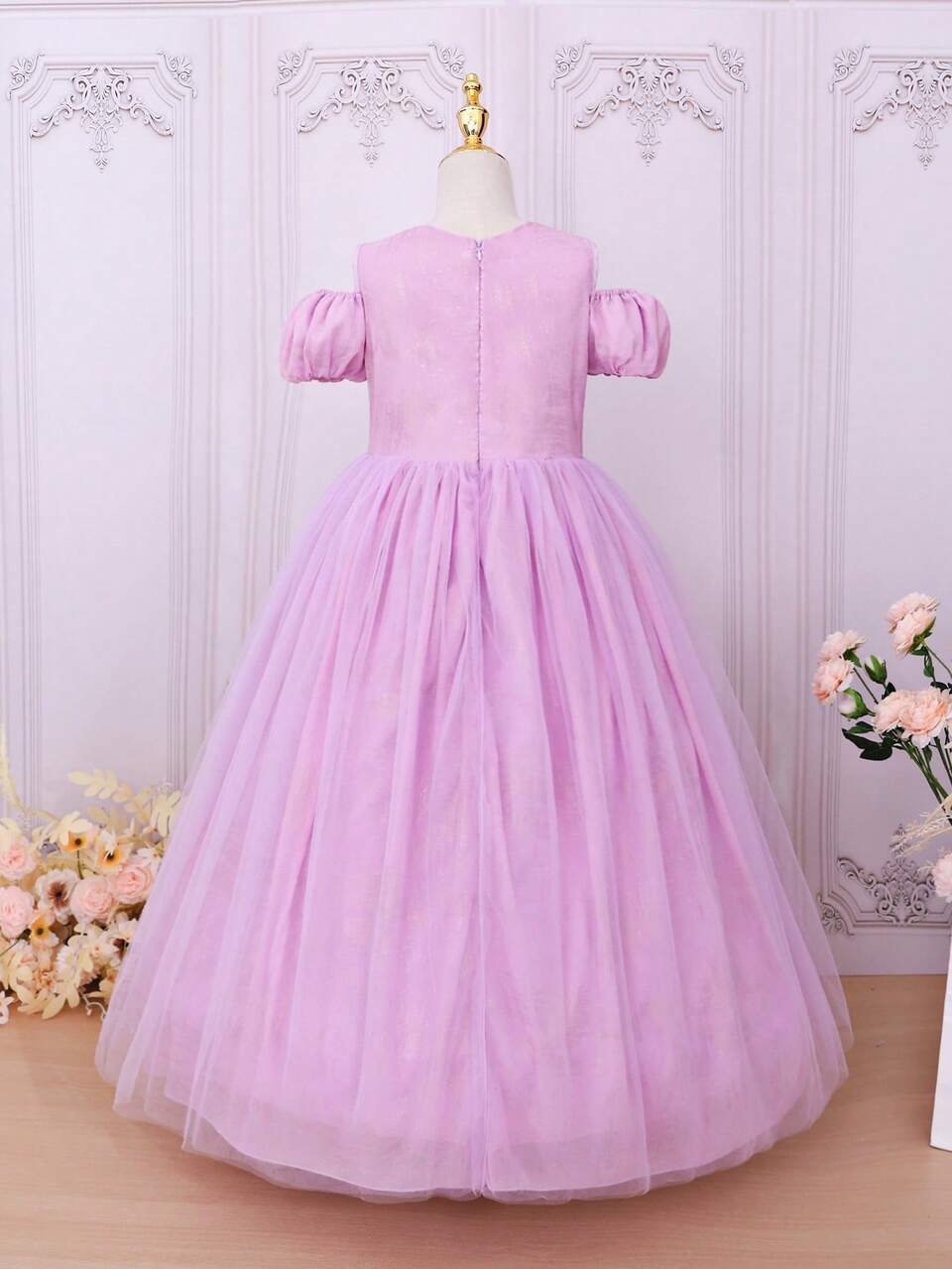 Tween Girl  Elegant Floral Embroidered V-Neck Long Dress, Suitable For Wedding, Birthday Party, Banquet