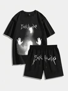 ROMWE MEN Goth 男士模糊肖像印花 T 恤和短褲套裝 - 黑色 - 查看 1