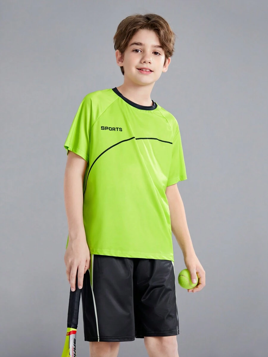 SHEIN Cậu bé Tween Lá thư In Phù hợp Thể thao Áo thun Quần short Quần áo thể thao Bộ - màu xanh lá - Xem 1