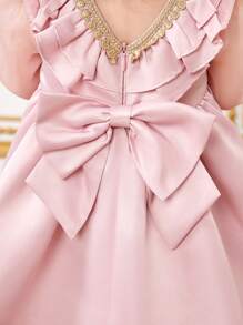 SHEIN 女嬰姊妹裝華麗緞面歐根紗荷葉邊下擺長袖洋裝 - 粉色 - 查看 6