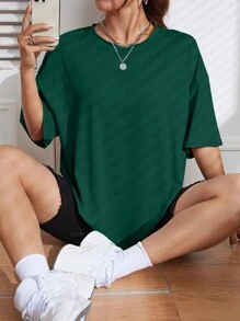 INAWLY Camiseta De Hombro Caído Con Cuello Redondo De Color Sólido - Verde Oscuro - Ver 1