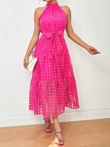 SHEIN Privé Plaid Mesh Halter Bridesmaid Dress - Hot Pink - View 3