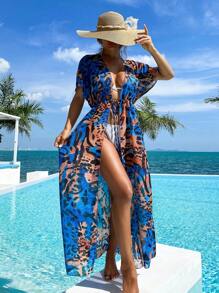 女士豹紋腰帶和服外套 - 藍色 - 查看 1