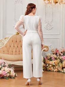 SHEIN 少女拼接透視網紗膨脹袖v領連身褲