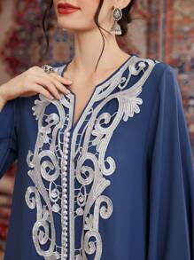 Al Najma Women's Patchwork Embroidery Dress With Notched Collar Kaftan Jalabiya Dress - Blue - View 8