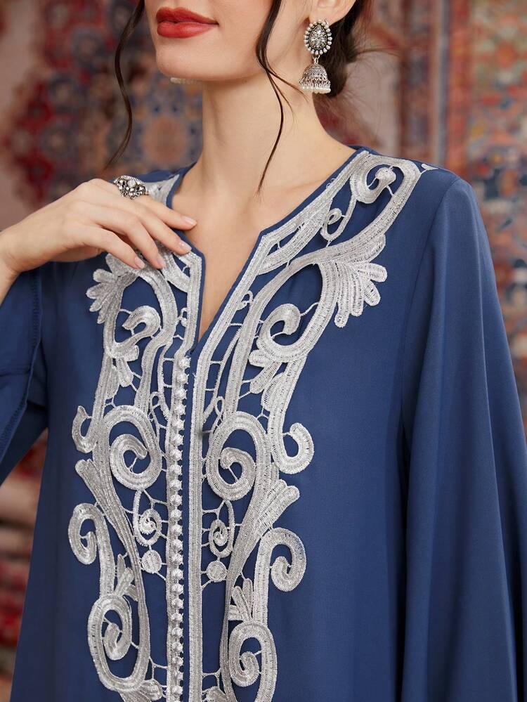 Women's Patchwork Embroidery Dress With Notched Collar Kaftan Jalabiya Dress