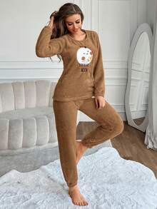 RueChic Women's Cartoon Letter Printed Plush Long Sleeve Pants Pajama Set - Camel - View 3