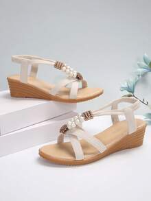 女士舒適楔形跟厚底涼鞋。珍珠裝飾和復古拉鍊防滑拖鞋 - 米色 - 查看 4