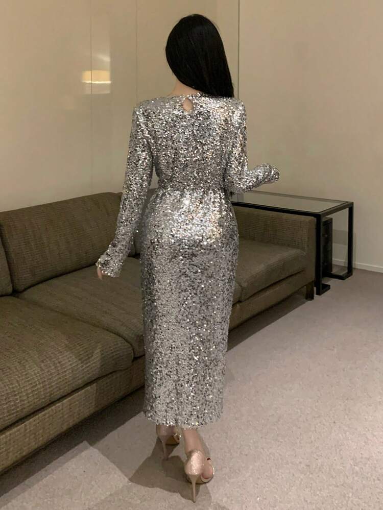 Vestido de mujer con cuello redondo, manga larga y lentejuelas para fiesta y baile