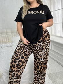 Plus Size Leopard Print Round Neck Short Sleeve T-Shirt And Pants Pajama Set, Outfits - Black - View 1