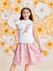 SHEIN Leap Crew 2 sztuki Tween Girl Casual Stand Collar Asymetryczna koszula z falbaniastym dołem rękawów i spódnica żakardowa - Brudny różowy - Zobacz 5