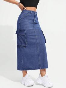 SHEIN EZwear Women's Denim Cargo Skirt - Blue - View 4