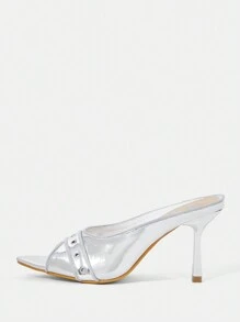 女式銀色尖頭粗跟中跟時尚鞋 - 銀色 - 查看 4