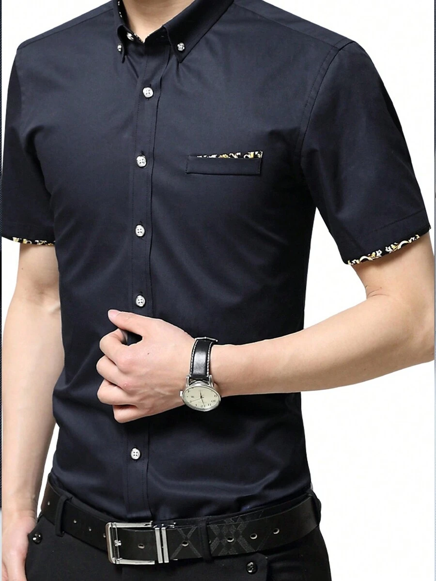 Camisa De Manga Corta Con Estampado De Patchwork Para Hombre - Azul Marino - Ver 1