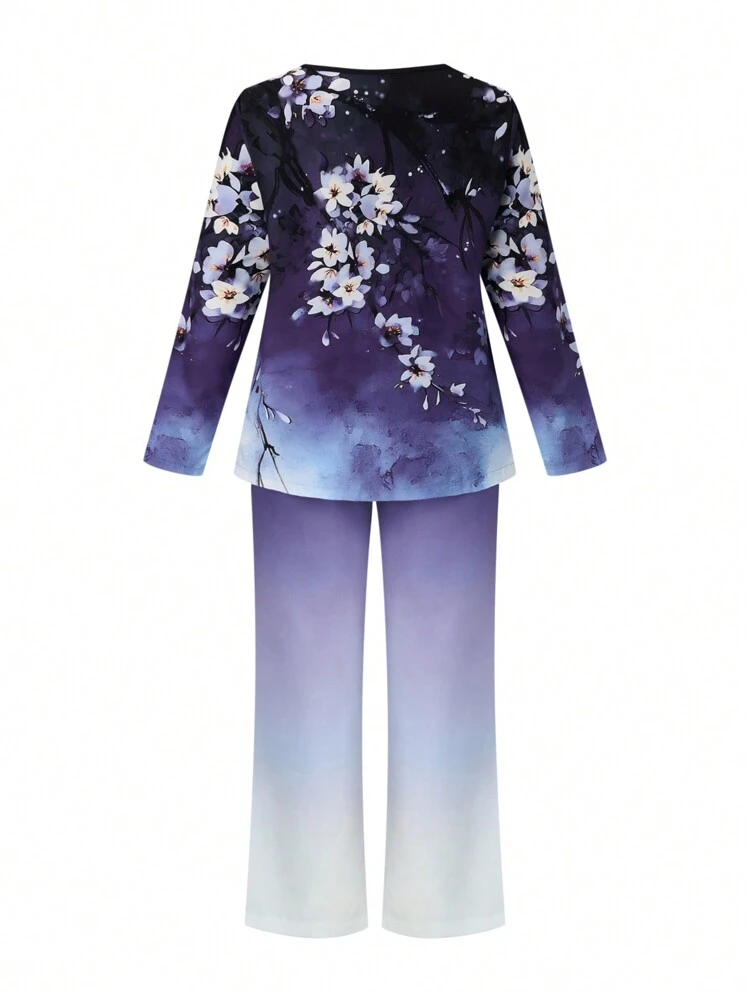 Plus Size Women'S Floral Printed Long Sleeve Top And Pants Set